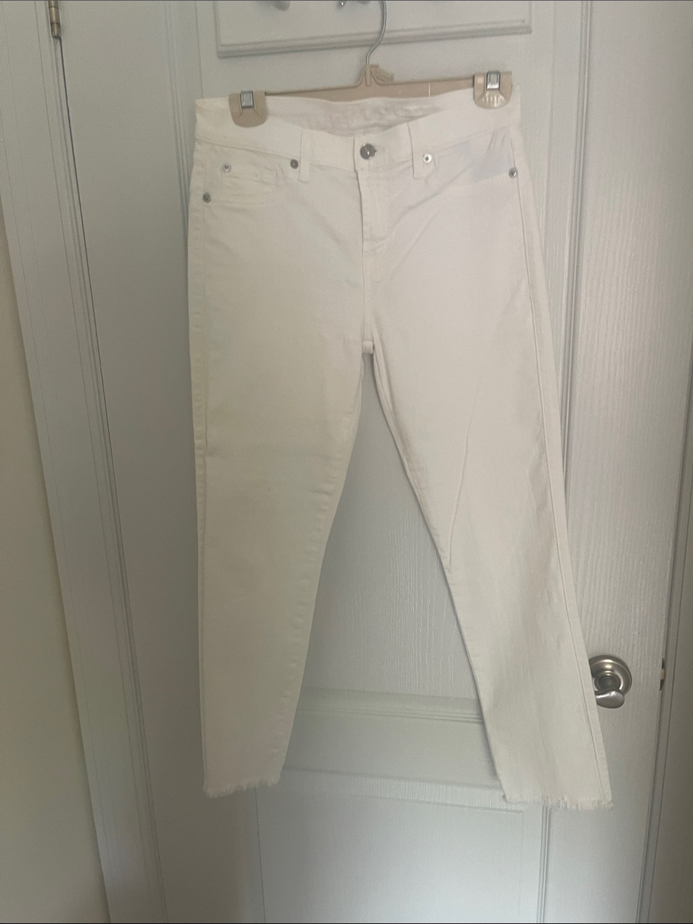7 For All Mankind White Cropped Slim Jeans with Raw Hem